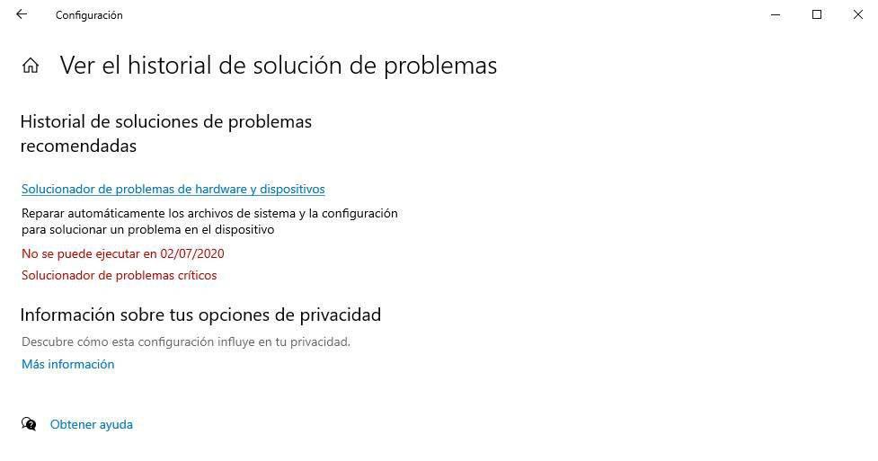 Historial de solución de problemas Windows 10
